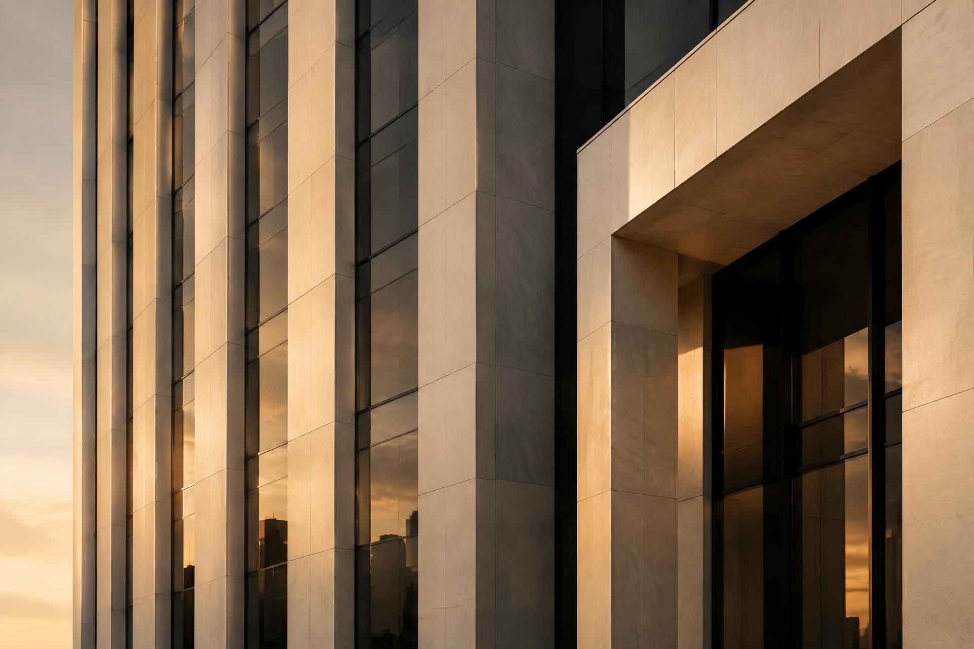 Contemporary stone and glass architecture in warm evening light